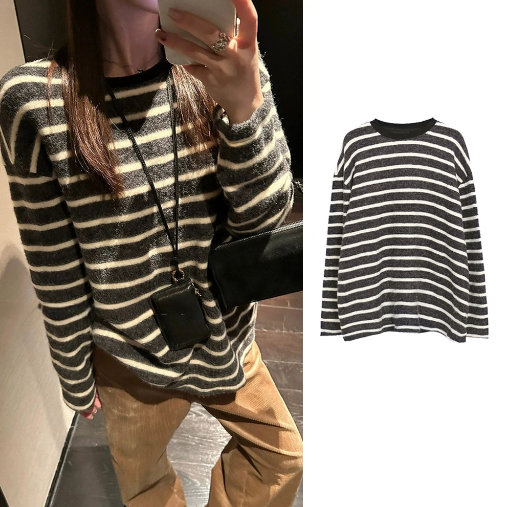 5229#复古百搭黑白条纹长袖圆领T恤软糯松弛感穿搭宽松休闲上衣