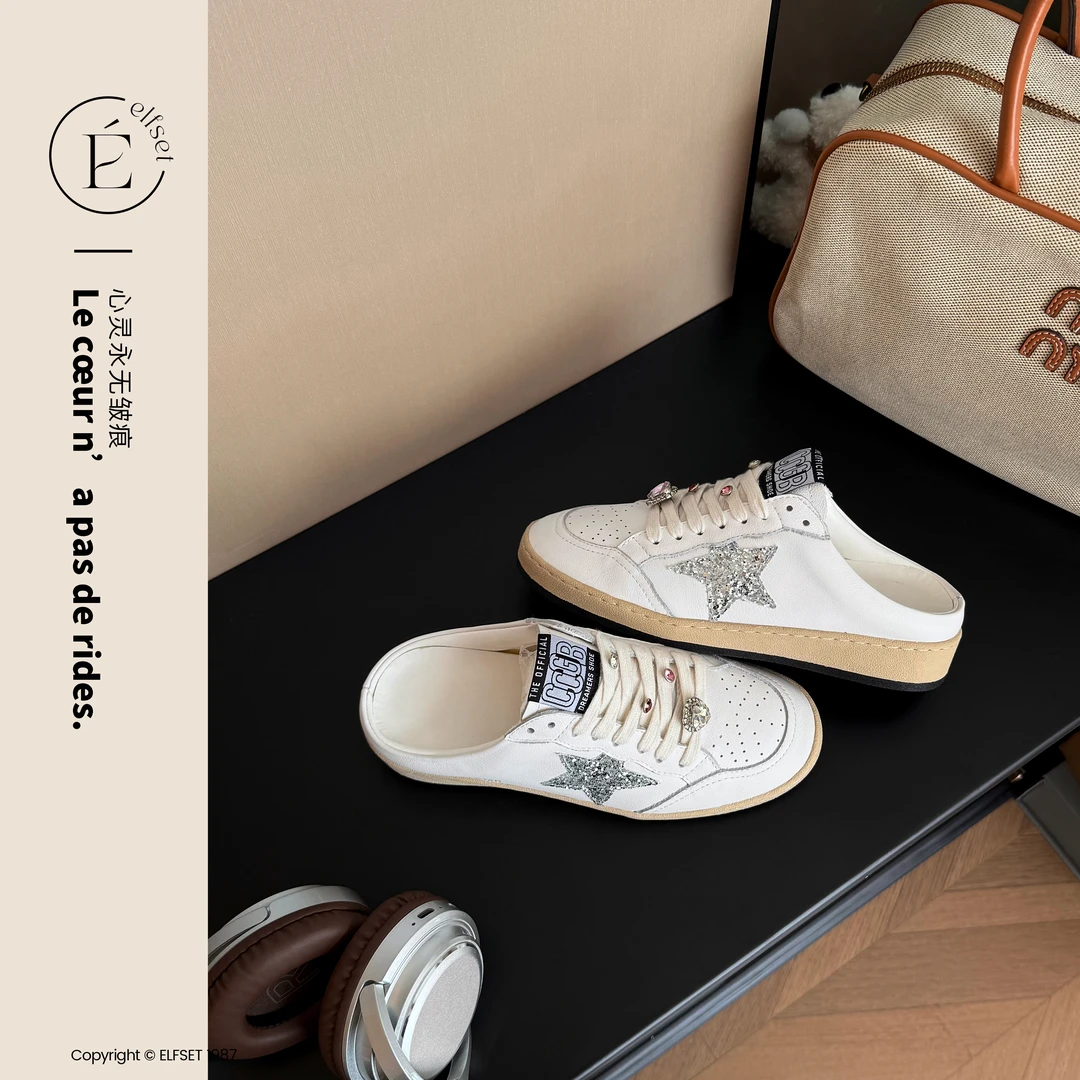 ÉLFSET | 经典亮片星星包头半拖复古做旧头层牛皮内增高小脏鞋