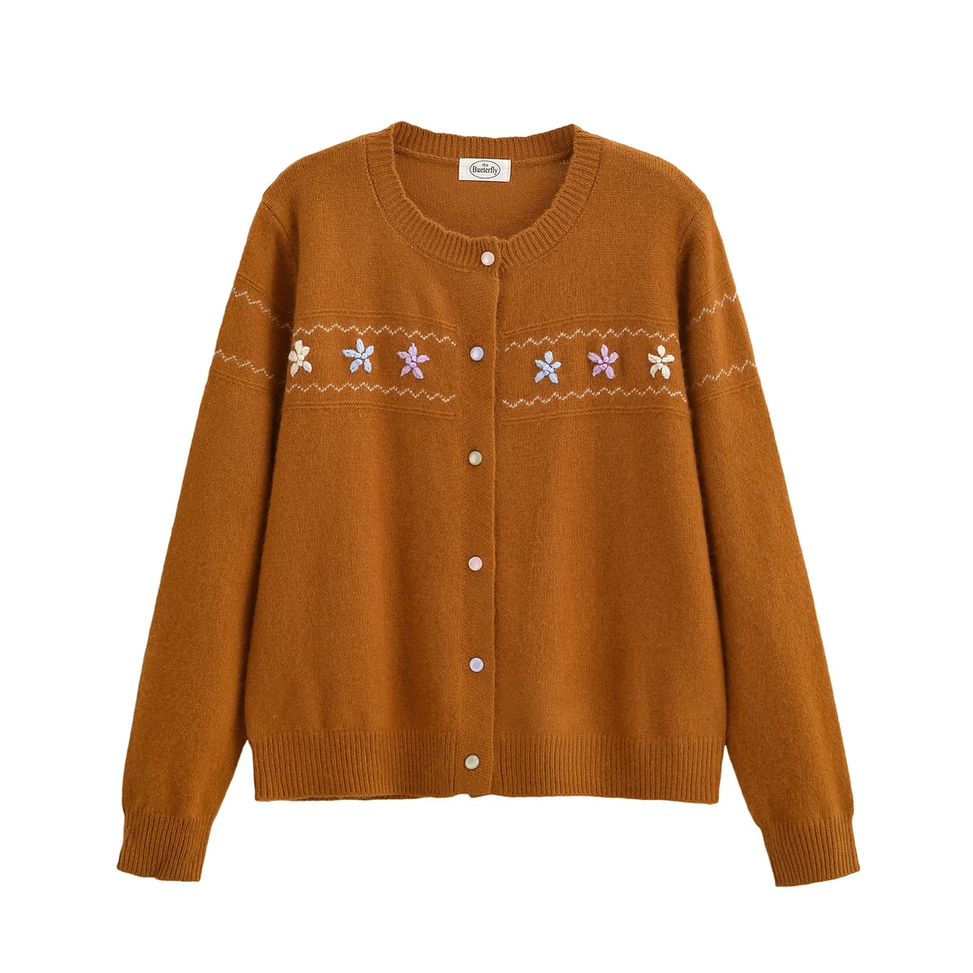 2025秋冬季新款韩版圆领拼色绣花宽松长袖针织开衫毛衣外套上衣