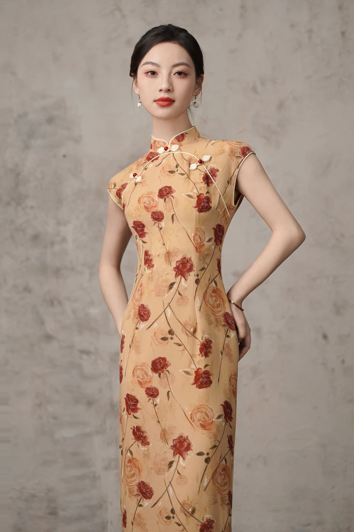 9025-长裙日常立领无袖短袖新中式旗袍少女印花气质风