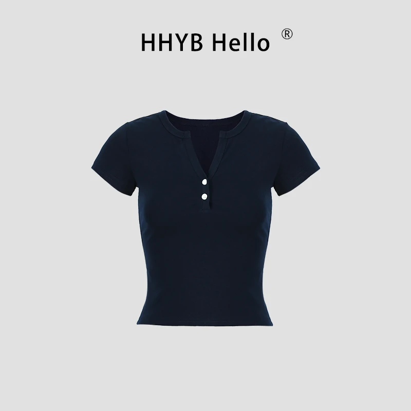 HHYB Hello两粒扣小V领短款修身T恤2025半开领高级感上衣女250459