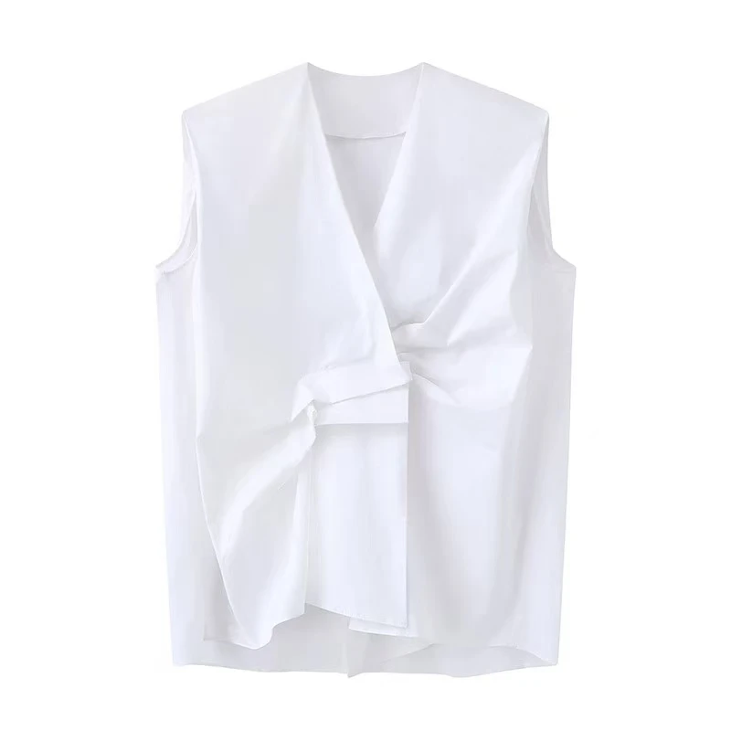 【V领褶皱】V领无袖女士春夏宽松无袖衬衫夏季小众上衣时尚.J0161