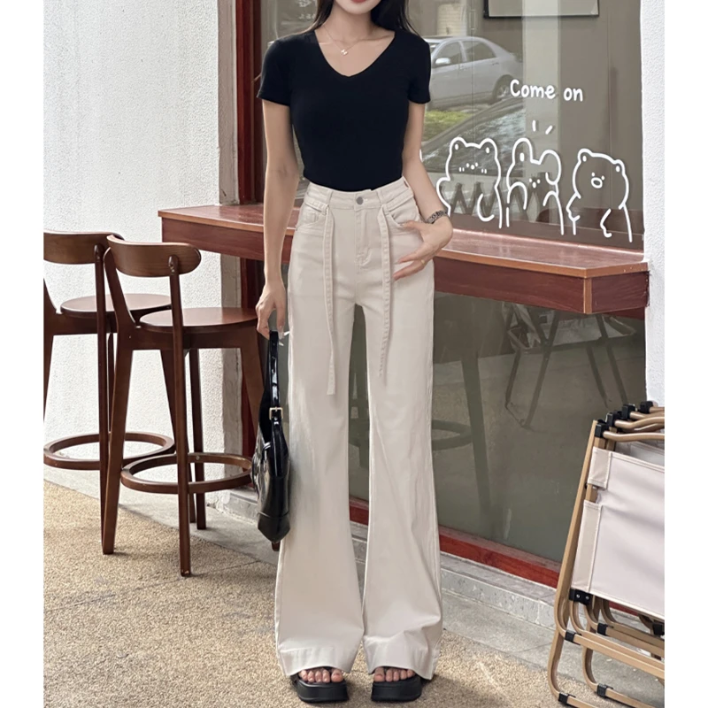 乔栈高腰微喇牛仔裤女2025春季新款宽松垂感时尚月光灰纯色喇叭裤