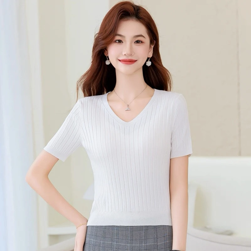 短袖针织衫毛针织衫显瘦女装女夏季打底衫v领修身2025新款薄款