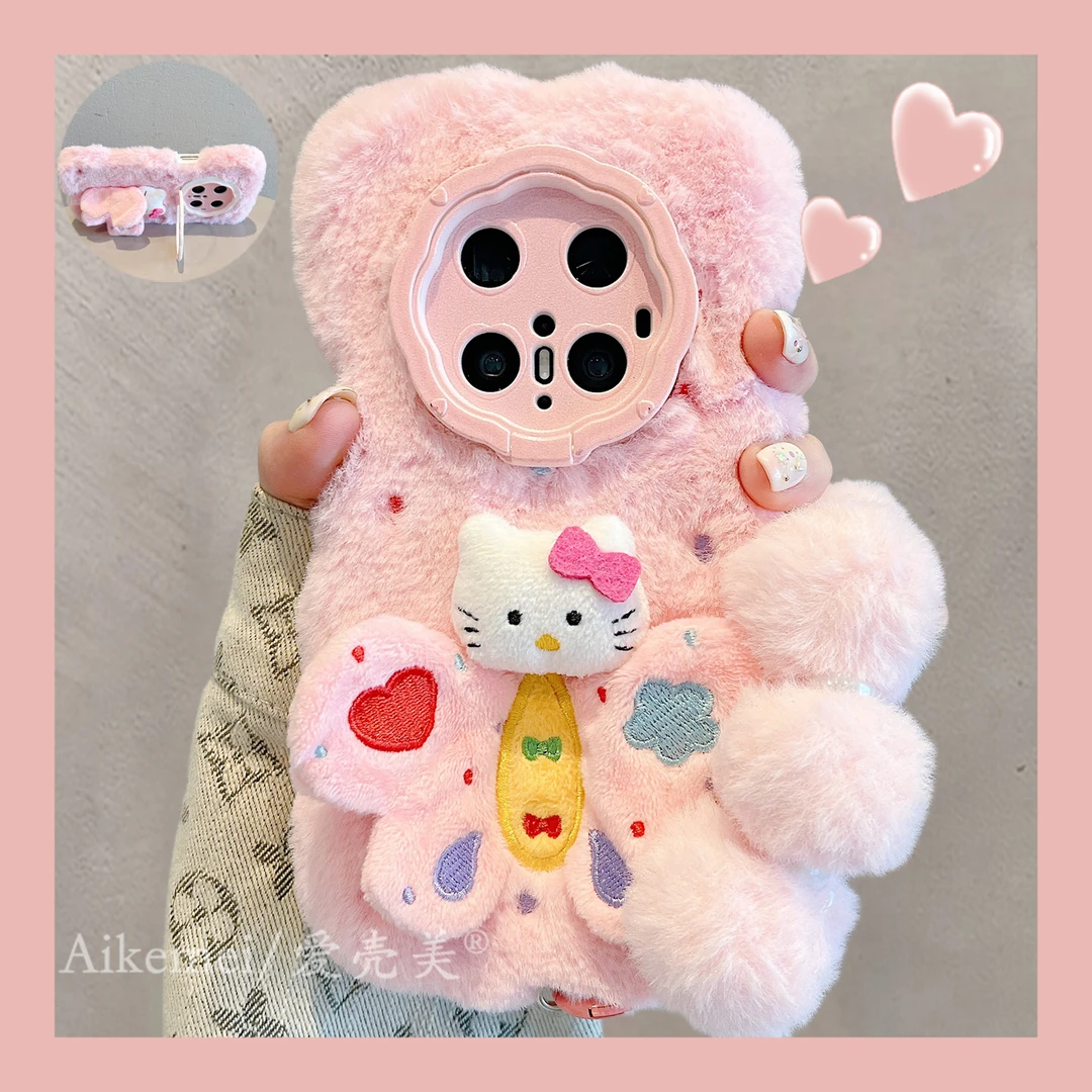 适用华为mate70pro+手机壳粉色毛绒mate60pro+蝴蝶kt猫镜头支架女
