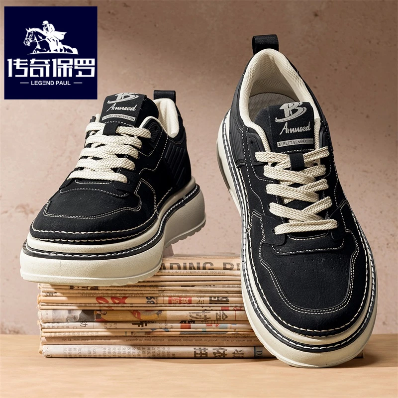 传奇保罗正版男鞋冬季黑色耐脏运动板鞋男士工作防滑厚底休闲潮鞋