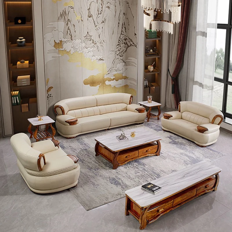 新中式乌金木真皮沙发高端头层牛皮别墅客厅家具家用皮艺三人位