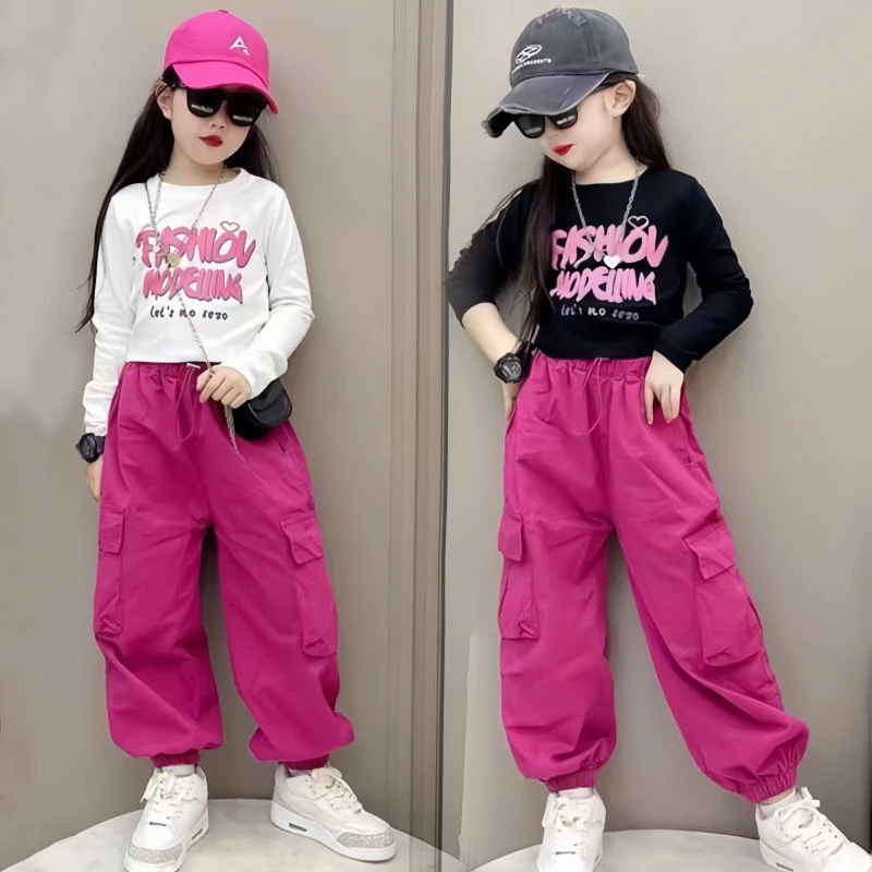 女童套装秋季新款字母长袖T恤春秋儿童洋气女孩中大童工装裤潮服