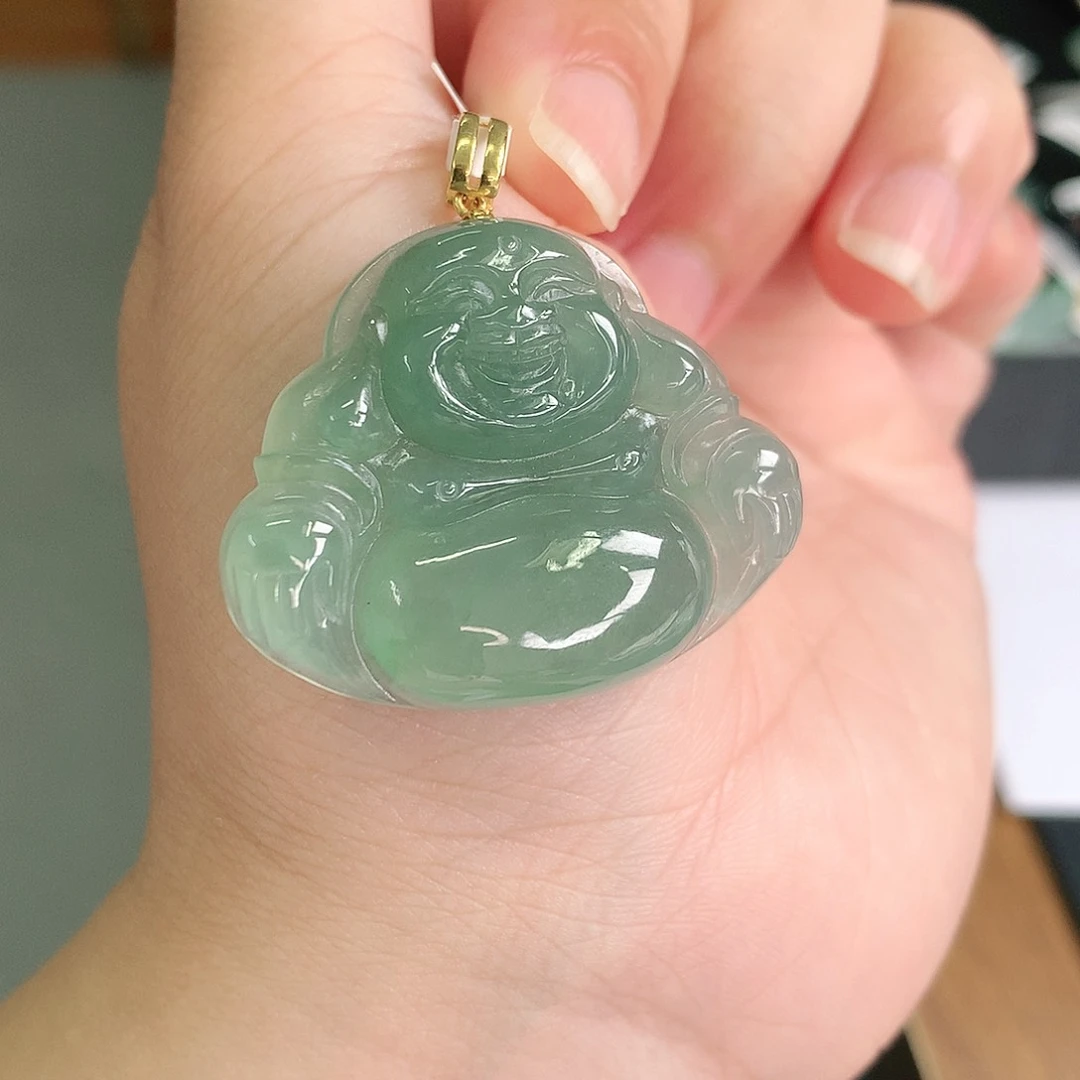 翡翠18K金镶嵌颈饰冰绿佛公30-37-6如