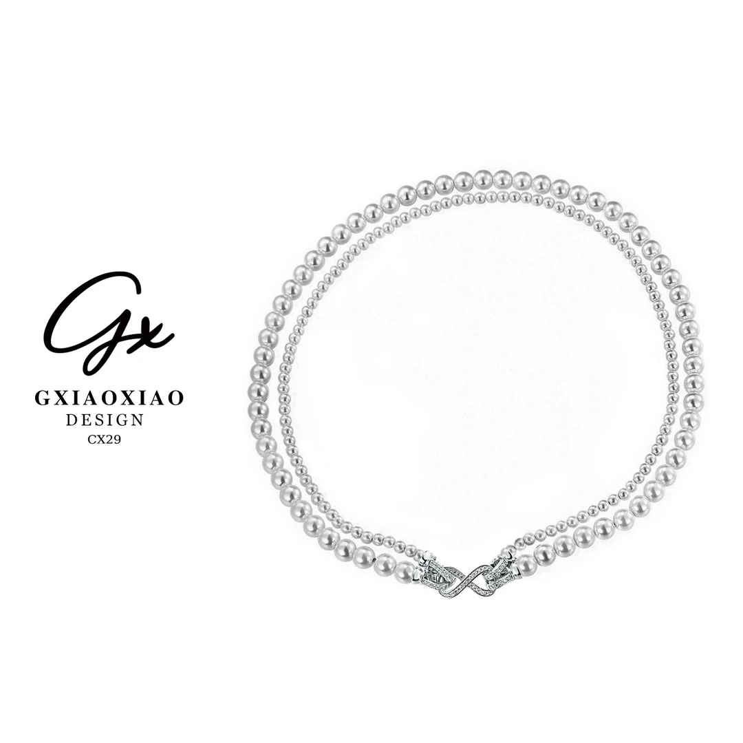 吊坠925银仿珍珠 GXX 【欧若拉】 双层纽结交错螺旋项链 CX29 CX30
