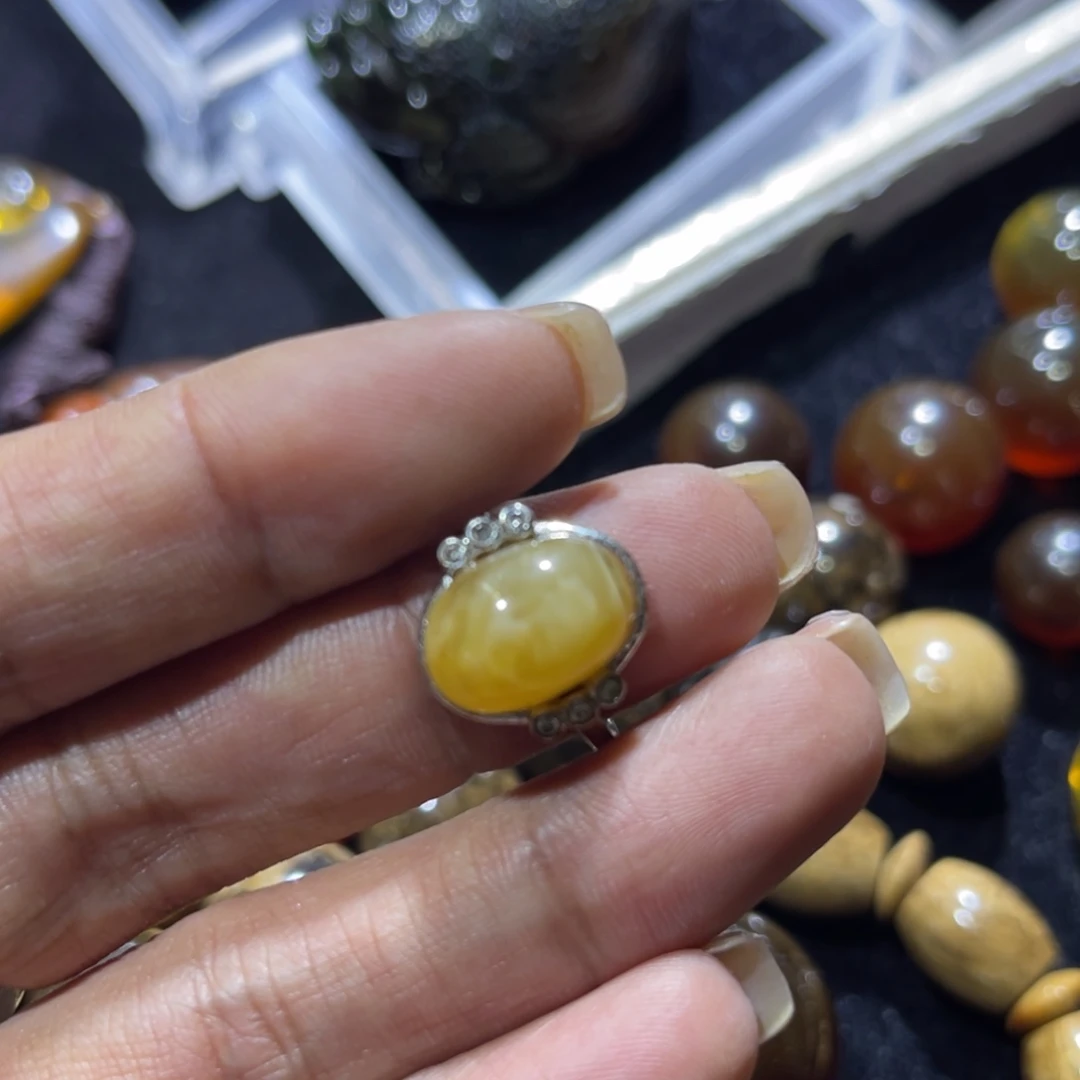 琥珀银S925镶嵌手串蜜蜡戒指