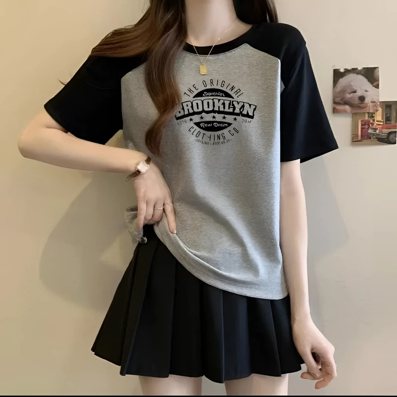 2025夏季新款微胖显瘦插肩短袖T恤宽松圆领百搭女装打底上