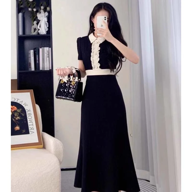 小香风连衣裙女夏修身显瘦气质高级感茶歇法式鱼尾长裙子D2629