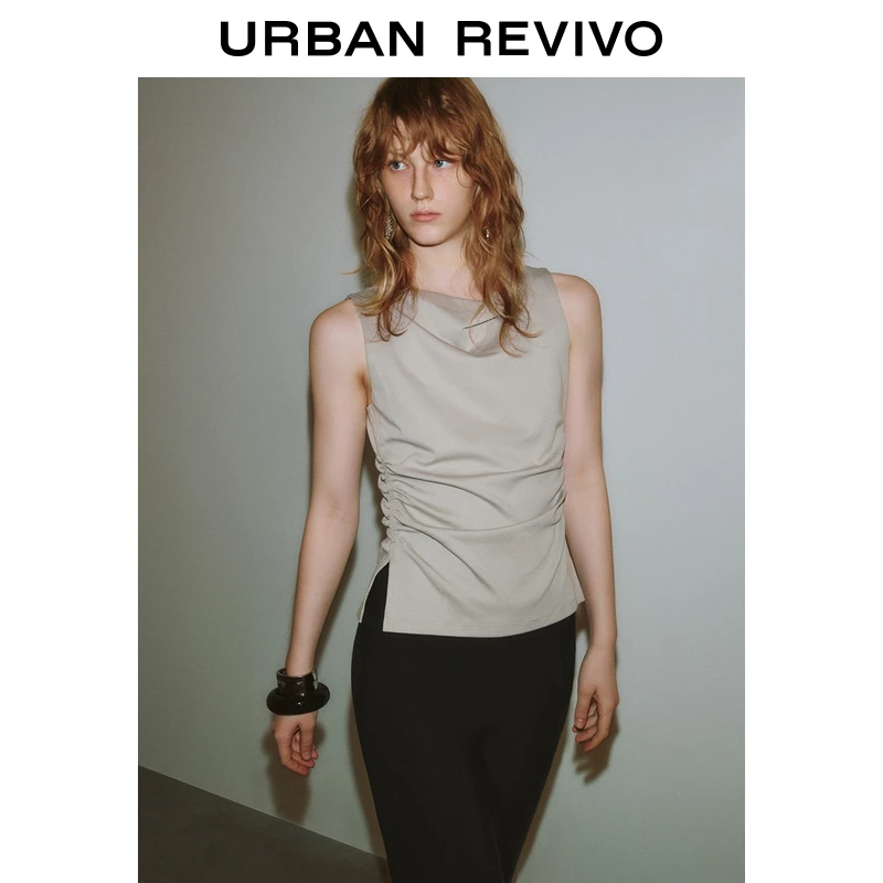 UR2025夏季新款女装时尚气质褶皱收腰荡领无袖T恤UWM450097