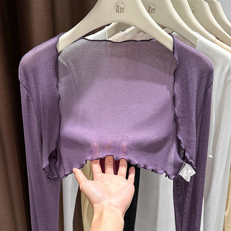 紫色短款网纱防晒披肩女吊带裙外搭木耳边开衫长袖蕾丝罩衫上衣薄