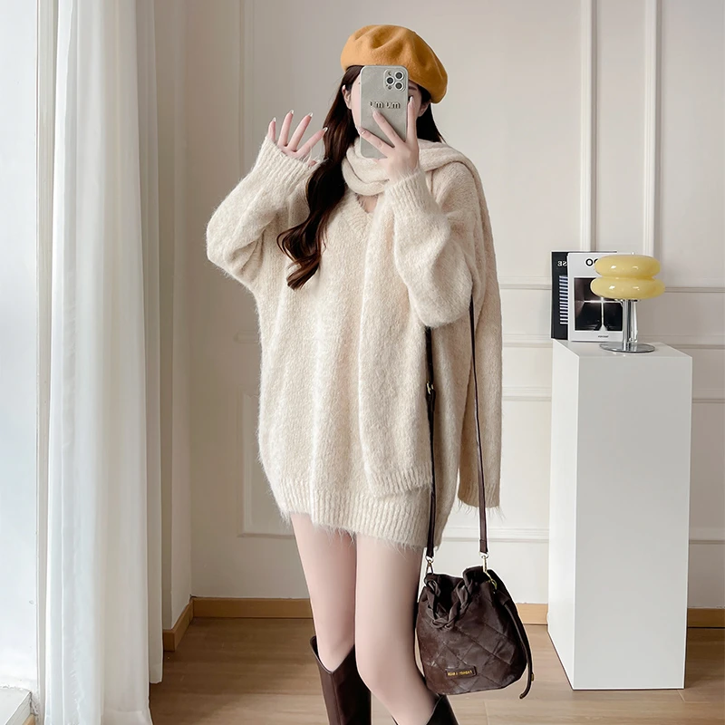 韩系纯色慵懒风套头毛衣外穿女2025冬季新款时尚宽松针织衫配围巾