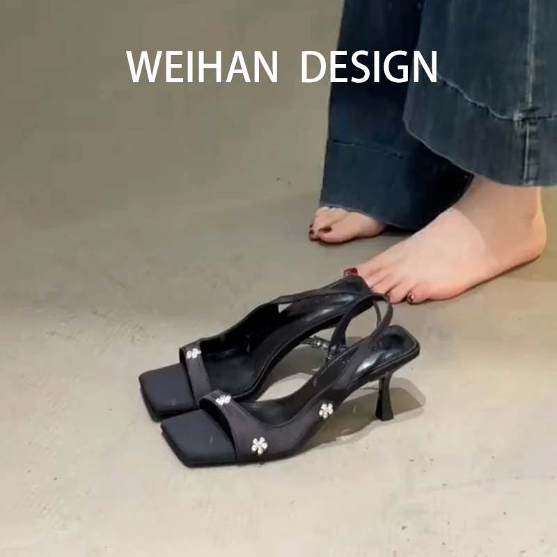 【万达撤柜】羊皮版！法式黑色露趾凉鞋女水钻方头细跟高跟鞋气质