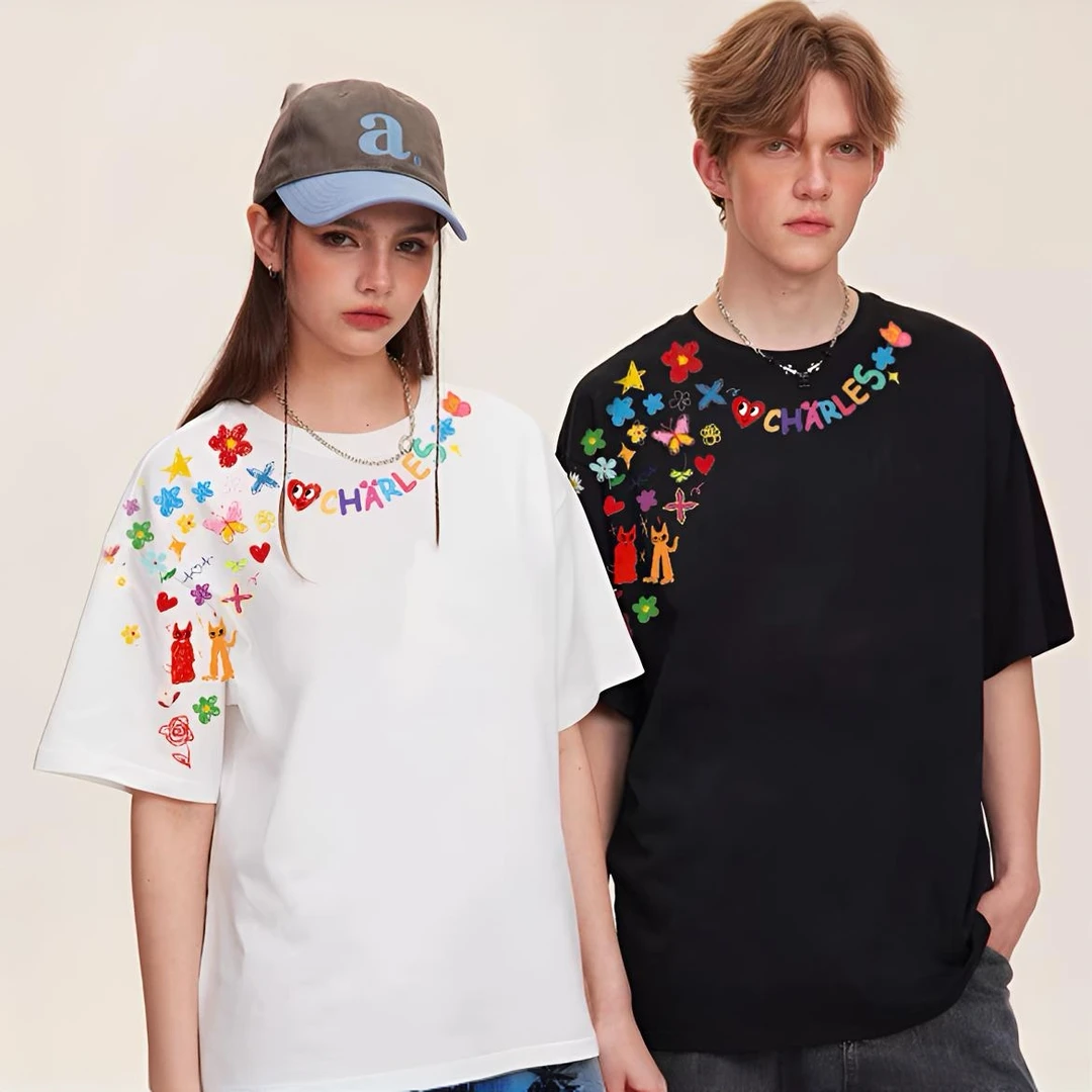 美式复古卡通涂鸦印花短袖T恤男女情侣款纯棉宽松圆领