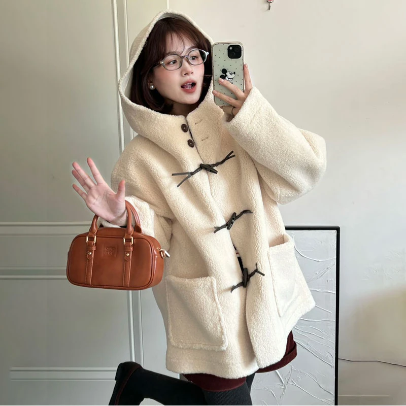 韩系连帽蝴蝶结牛角扣毛毛外套2025秋冬短款小个子可爱宽松外套