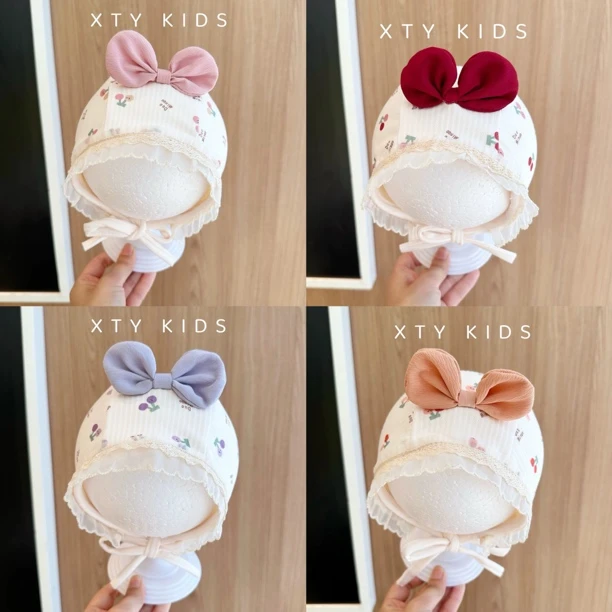 婴儿帽子女宝宝护耳帽春秋款外出防风帽洋气花边蝴蝶结公主包头帽