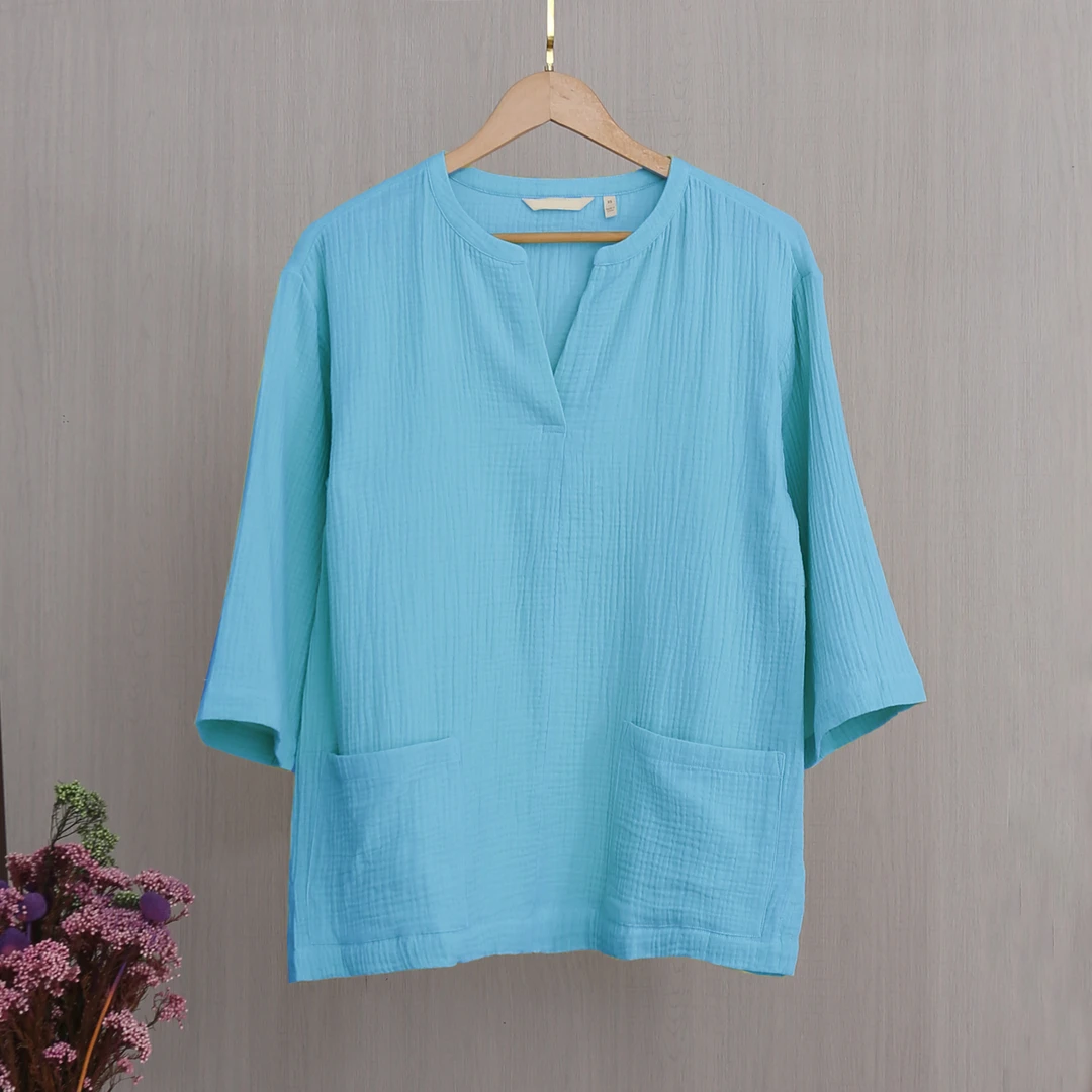 夏款女士纯棉皱纱布衬衫V领显瘦简约时尚百搭BB0273舒适透气