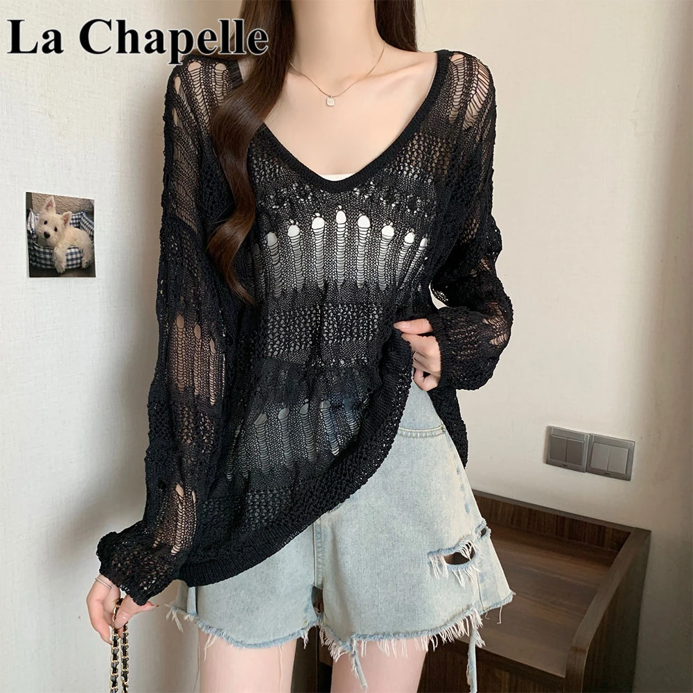 拉夏贝尔大码别致镂空黑色针织衫女夏季胖MM宽松长袖休闲罩衫上衣