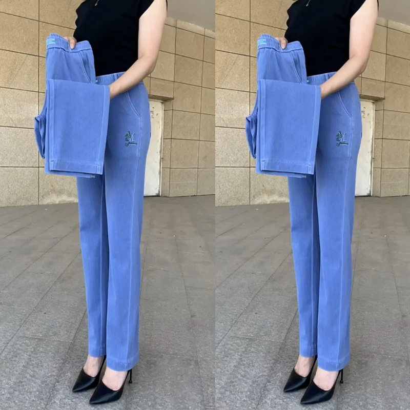 夏季薄款冰丝高腰直筒牛仔裤女士显瘦百搭宽松垂感透气大码外穿