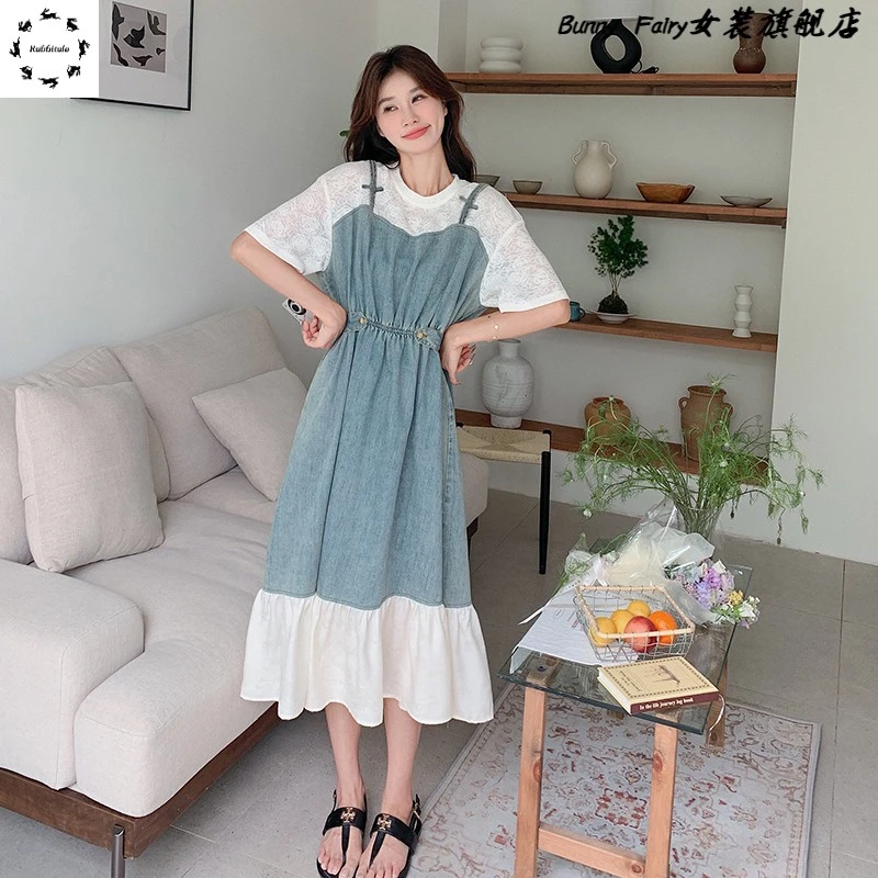 牛仔拼接假两件吊带连衣裙女夏季2025新款韩系洋气减龄气质长裙子