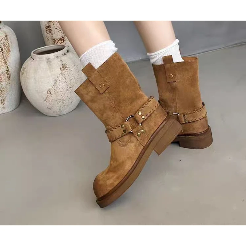 07-639032套筒中跟秋冬马丁靴女休闲中筒靴圆头厚底靴子筒靴