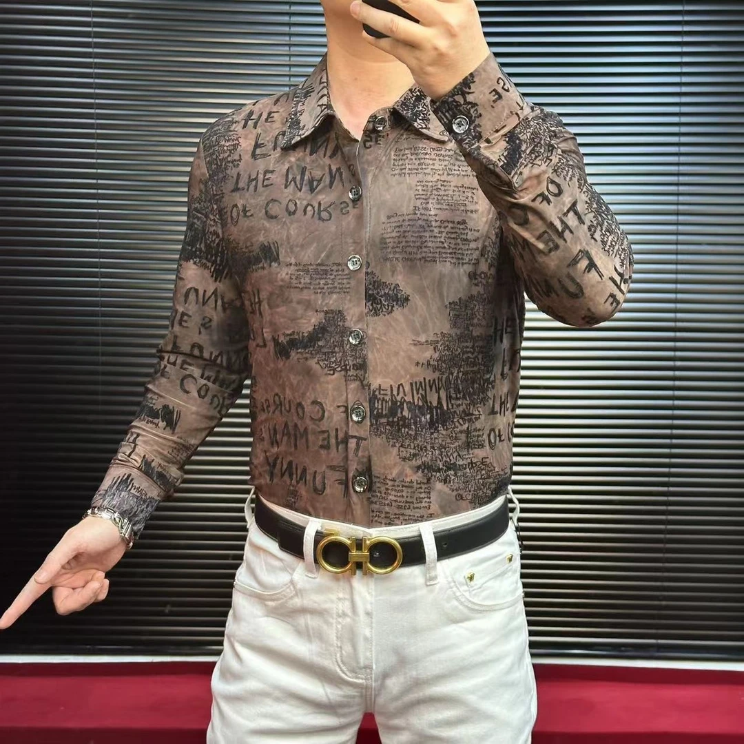 FLD欧弹力免烫冰丝字母值绒提花长袖百搭潮男女休闲网红衬衫8802