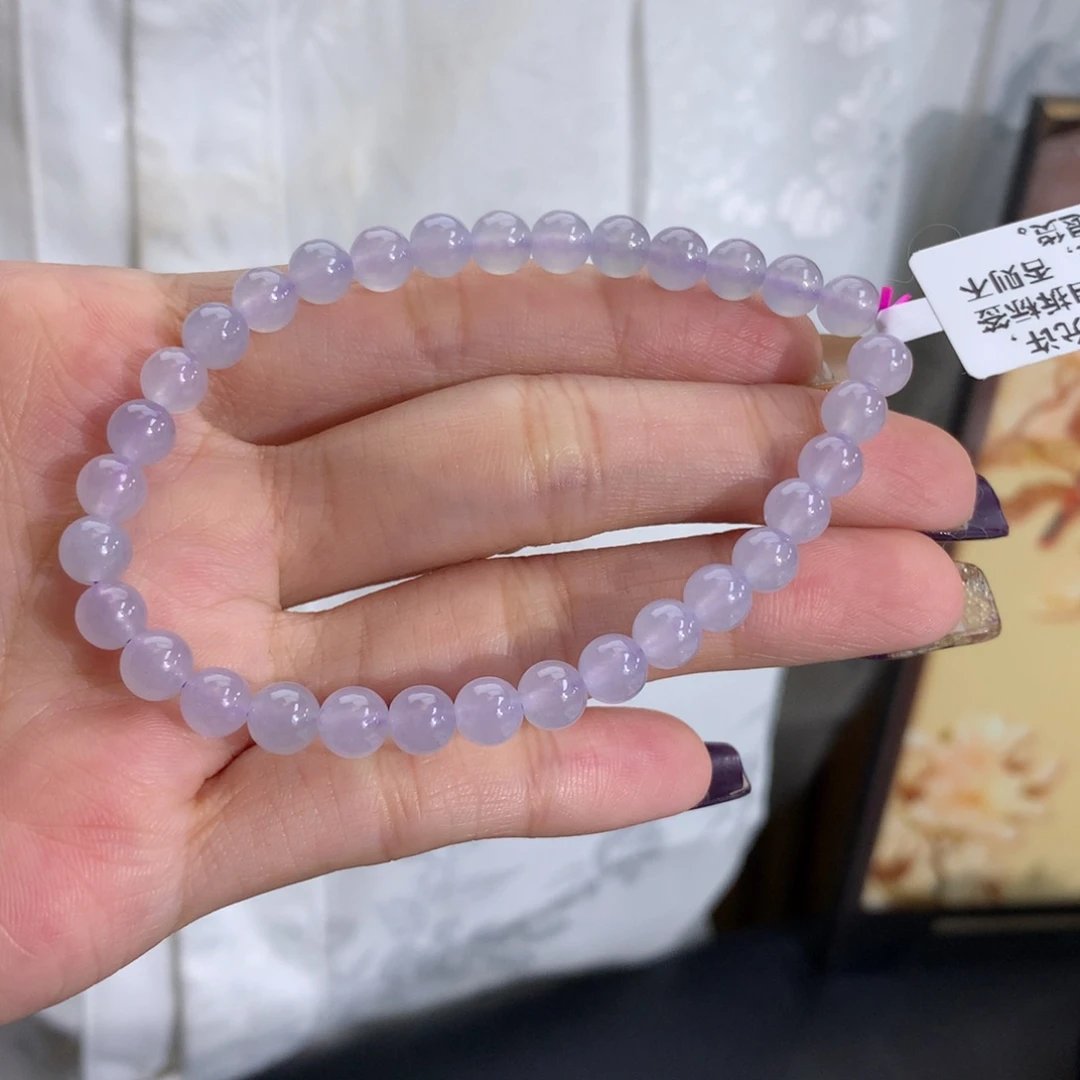 翡翠未镶嵌手串卡5.9冰种淡淡白透紫手串