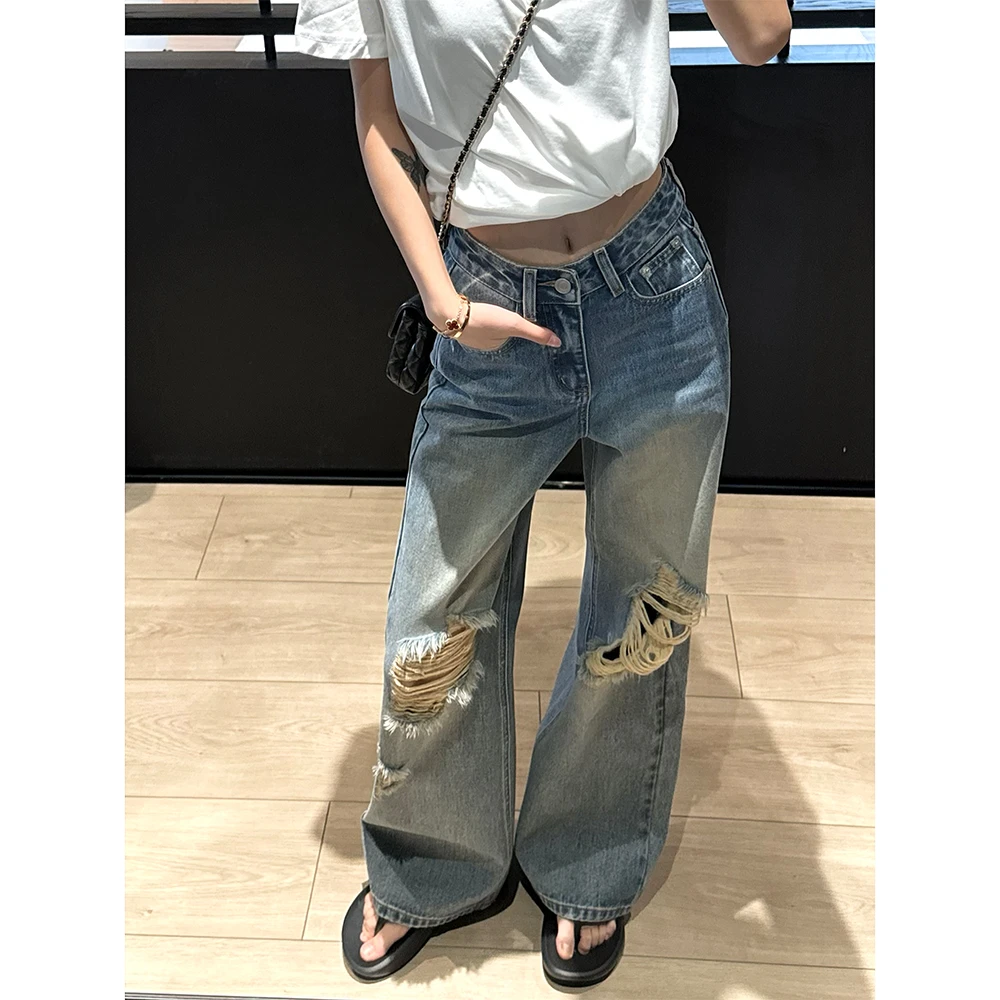 夏季百搭显瘦直筒阔腿裤2025年新款垂感牛仔裤女夏季破洞裤子