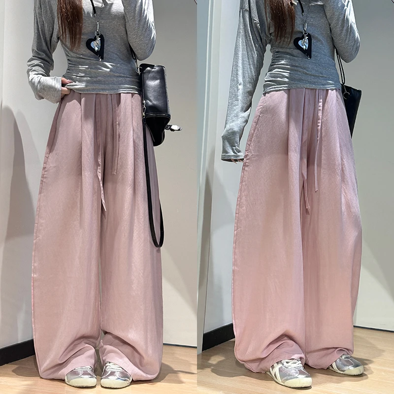 粉色亚麻休闲气球裤女夏季新款高腰显瘦阔腿裤宽松慵懒棉麻山本裤
