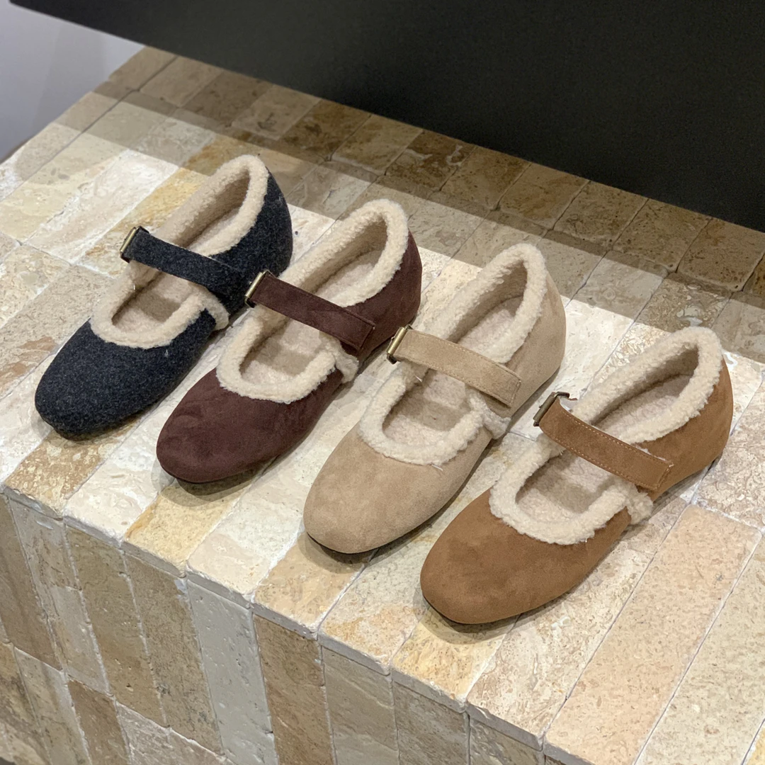 复古内增高厚底毛毛鞋女2025新款秋冬加绒咖啡色一字带玛丽珍棉鞋