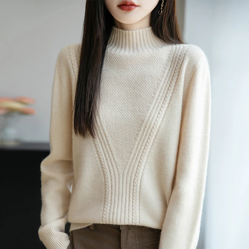 羊绒衫女加厚半高领绞花秋冬新款针织上衣宽松毛衣纯色百搭打底衫