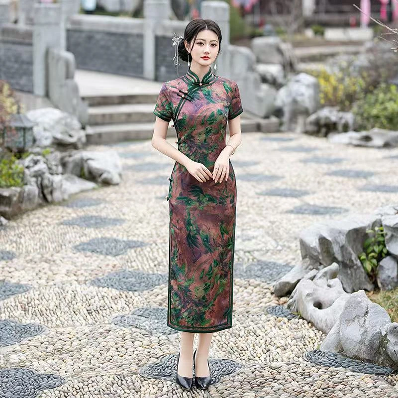 3555--苏州高端旗袍夏季高腰长款双层