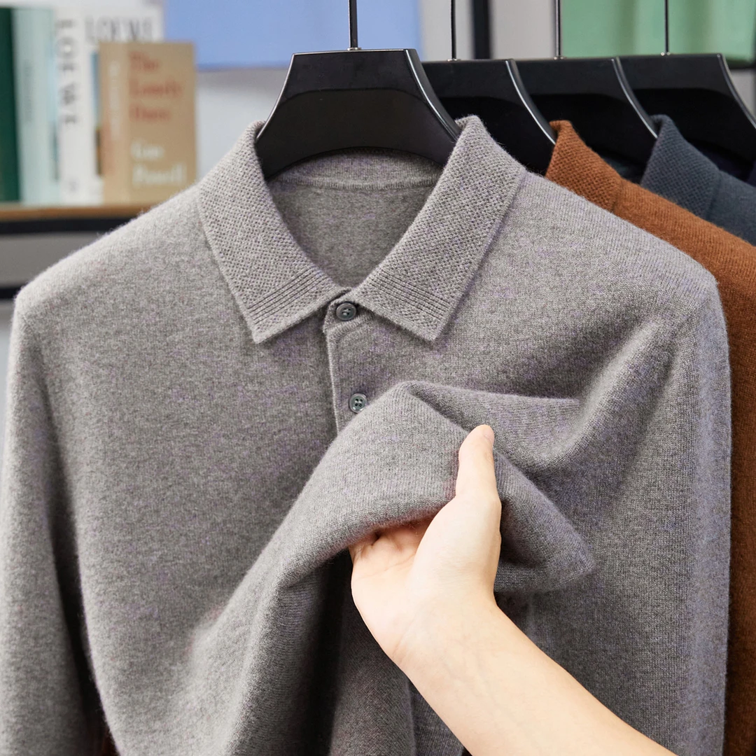 新款鄂尔多斯市100%纯山羊绒衫男翻领厚中青年高端打底纯羊绒毛衣