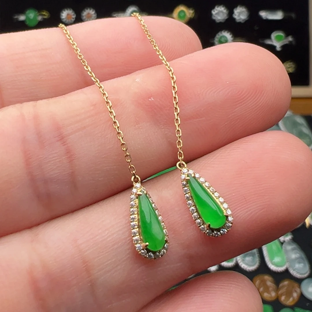 翡翠18K金镶嵌耳饰裸石7.8