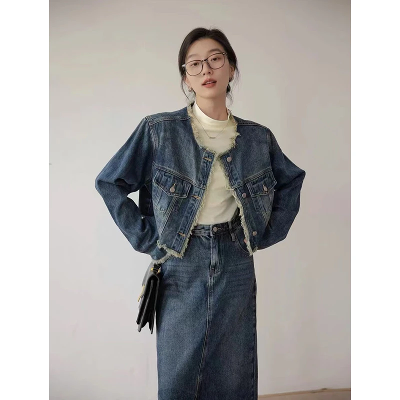 众和梦早秋牛仔套装外套半身短裙长裙两件套8731