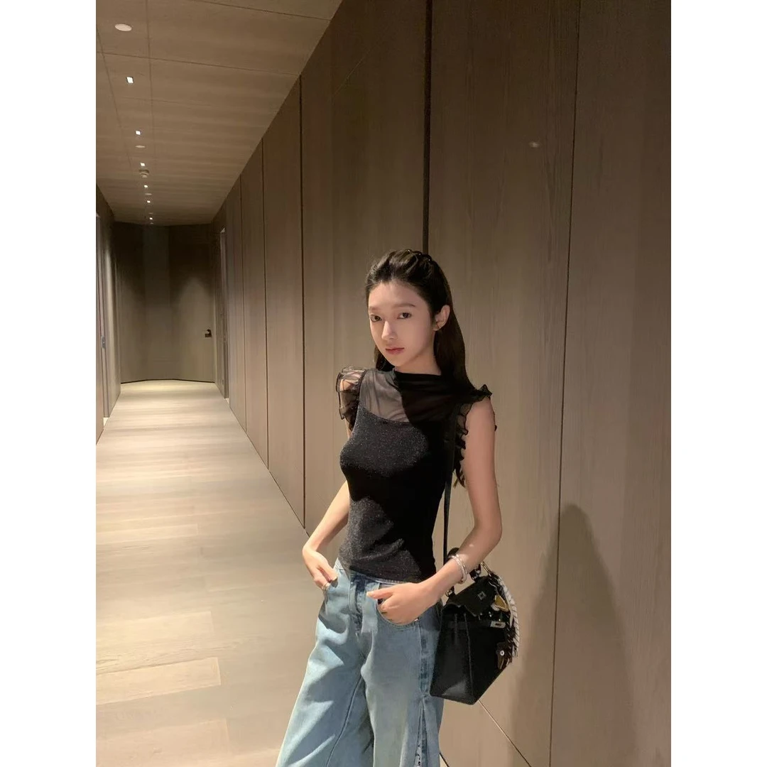 【盒子专享】黛莉少女  薄款拼接荷叶边袖口无袖针织上衣