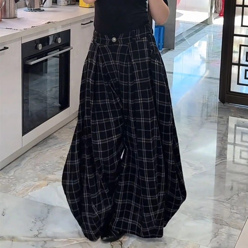 休闲爆款宽松松弛感小个子弯刀阔腿格纹女2025春秋新款夏季时尚