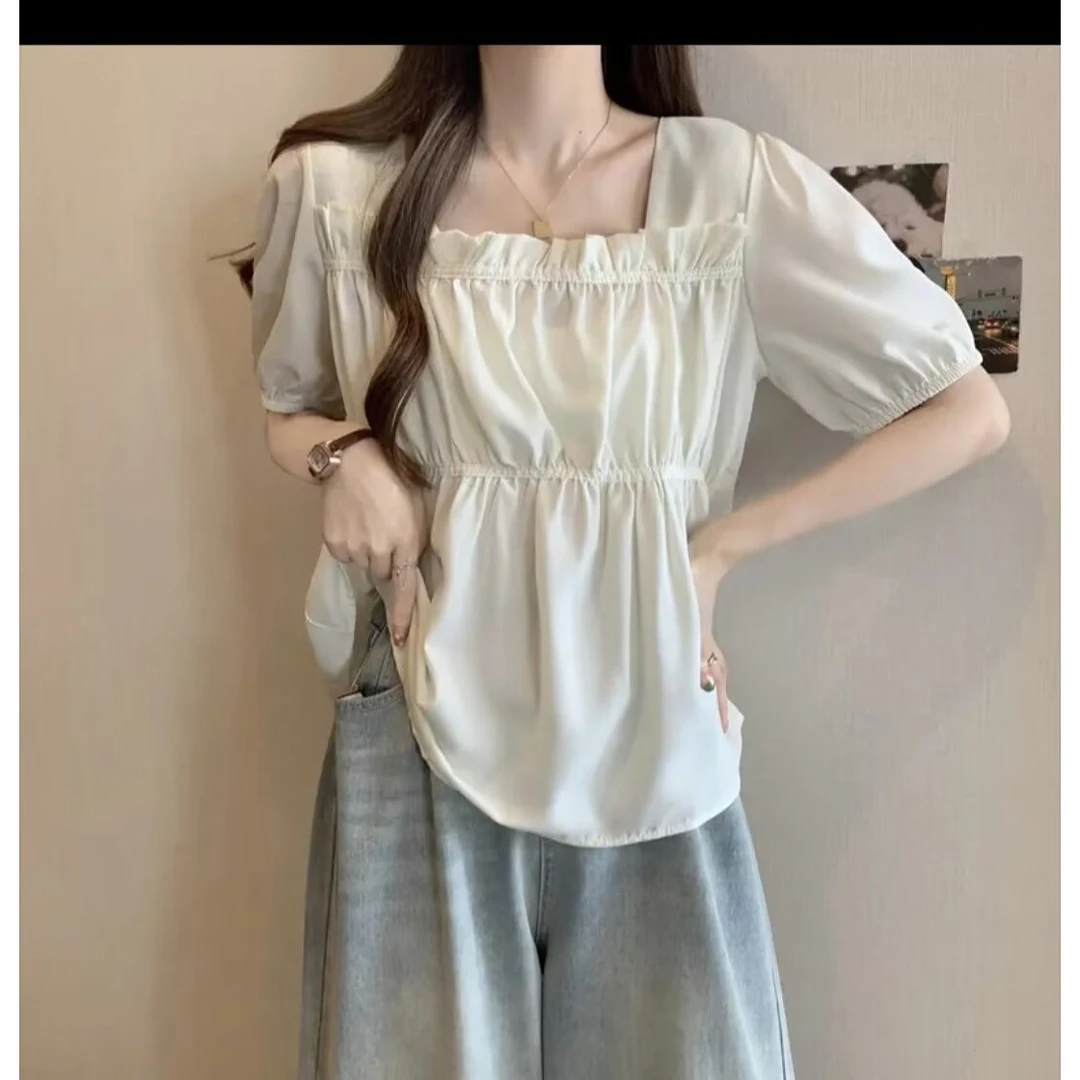 大码女装 胸102-126 方领正肩松紧胸围收缩显瘦小衫衬衫6628#