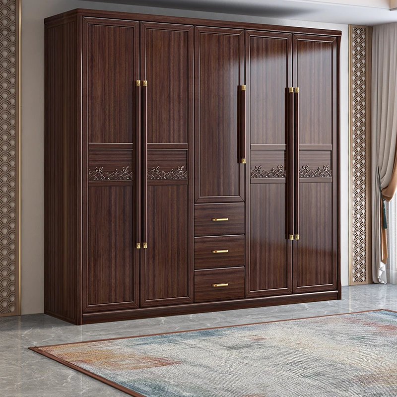 乌金木实木衣柜家用卧室四门五门大衣橱新中式别墅储物柜W0213