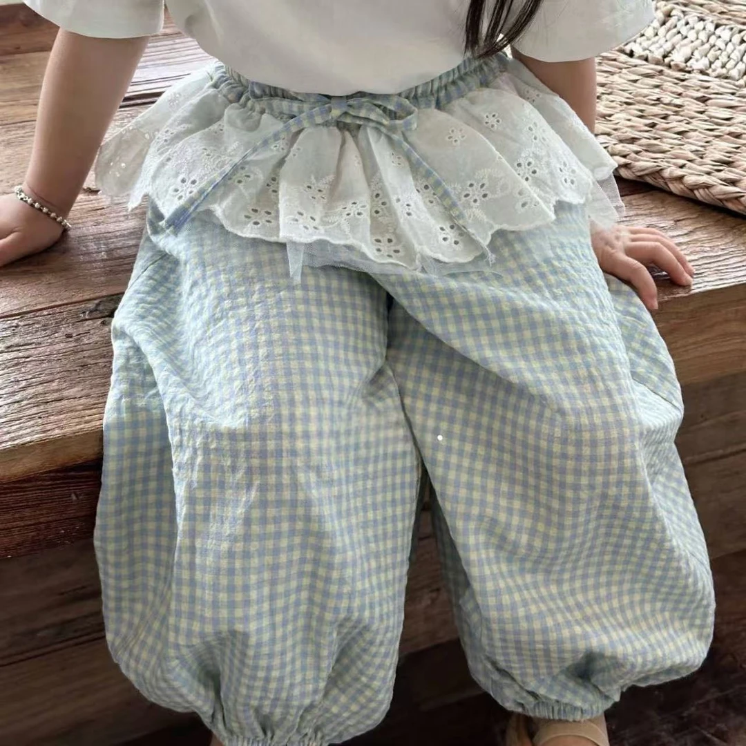 女童夏季宝宝幼儿园休闲束脚裤2025新款韩版个性屁帘格子灯笼长裤