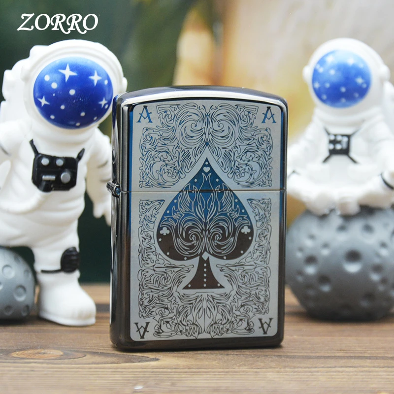 ZORRO佐罗高档黑冰黑桃A煤油打火机双面精雕