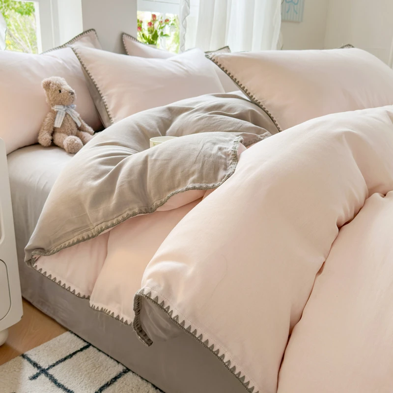 A类全棉双层纱纯色被套贝壳绣四件套双面简约床上用品被罩床罩套