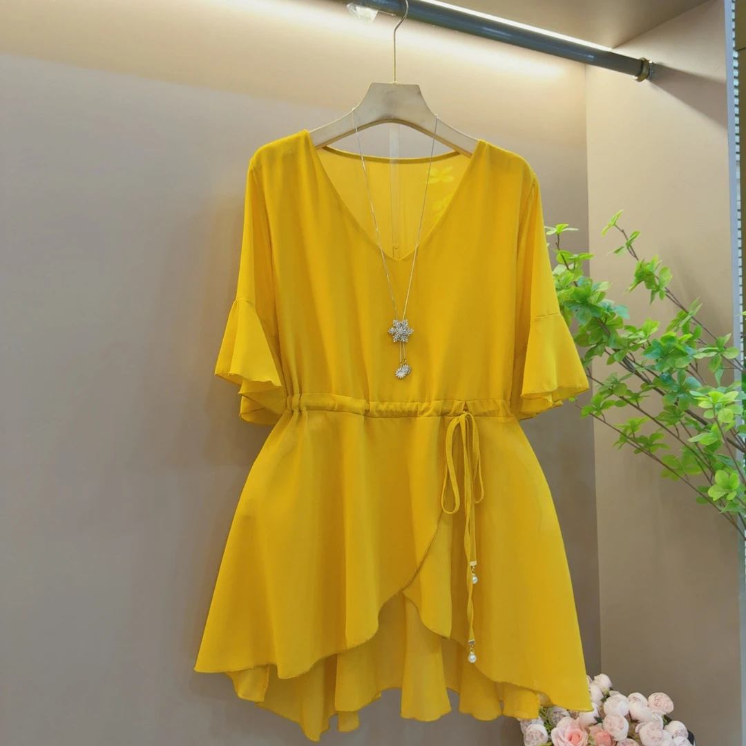 时尚夏季款百搭减龄气质时尚洋气宽松抽绳V领上衣（衣长78左右）