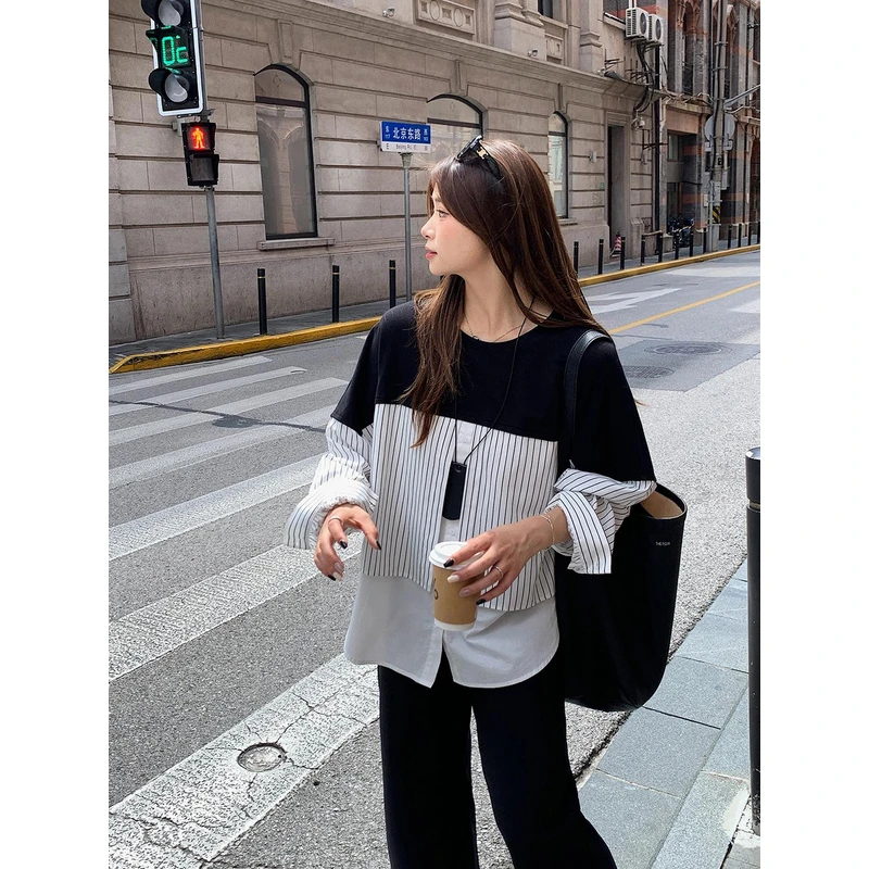 【ALINDM年中大清仓】胖mm假两件衬衫女200斤秋圆领长袖卫衣KG3806