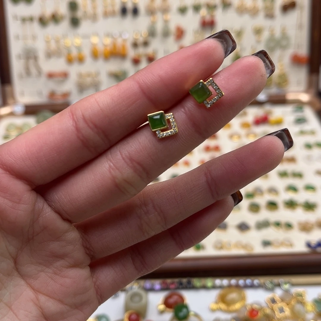 和田玉银S925镀金镶嵌耳饰