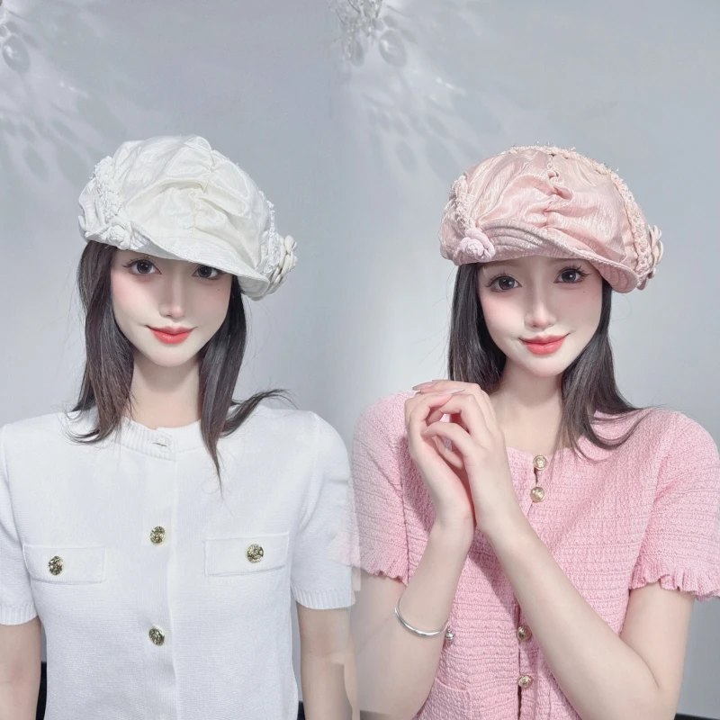 CREAMPP 原创小香风丝光麻褶皱蓬松山茶花线条花边翻檐云朵贝雷帽